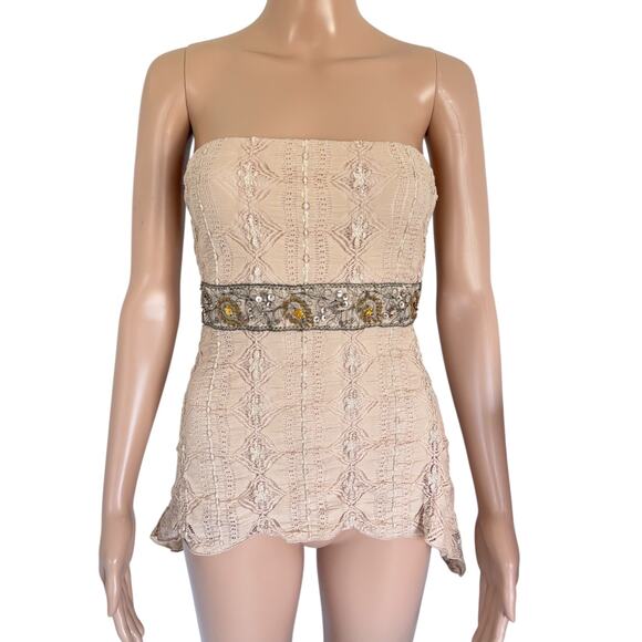 Y2K Lipstick Lace Tube Top M Strapless Boho Fairycore Festival Sequins Beige - Picture 1 of 6
